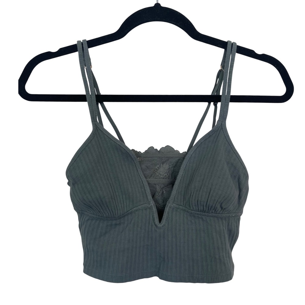 Aerie Ribbed Lace Bralette Olive Green V-Neck Adjustable Strap Top Small